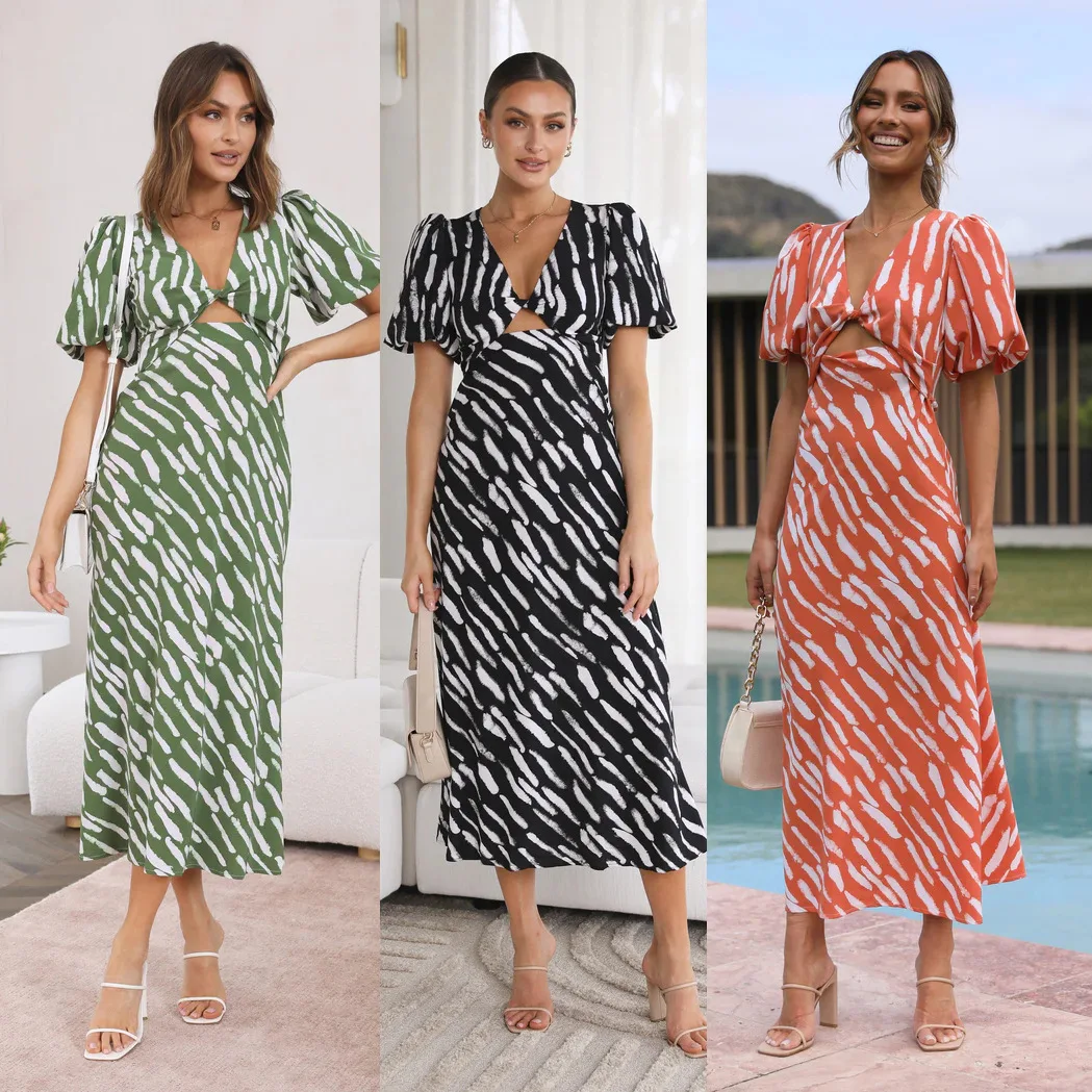 

Элегантное платье-миди в полоску с V-образным вырезом и пышными рукавами