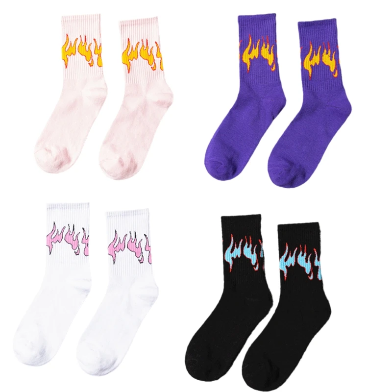 

2022 New Japanese Style Women Harajuku Cotton Crew Socks Hip Hop Contrast Color Flame Print Skateboard Ribbed Mid Tube Hosiery