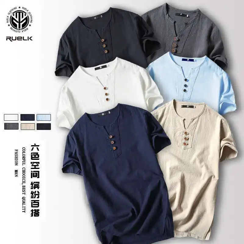 

Летняя японская льняная футболка с коротким рукавом, Мужская Ретро футболка из хлопка и льна с коротким рукавом, модная мужская Тонкая льня...
