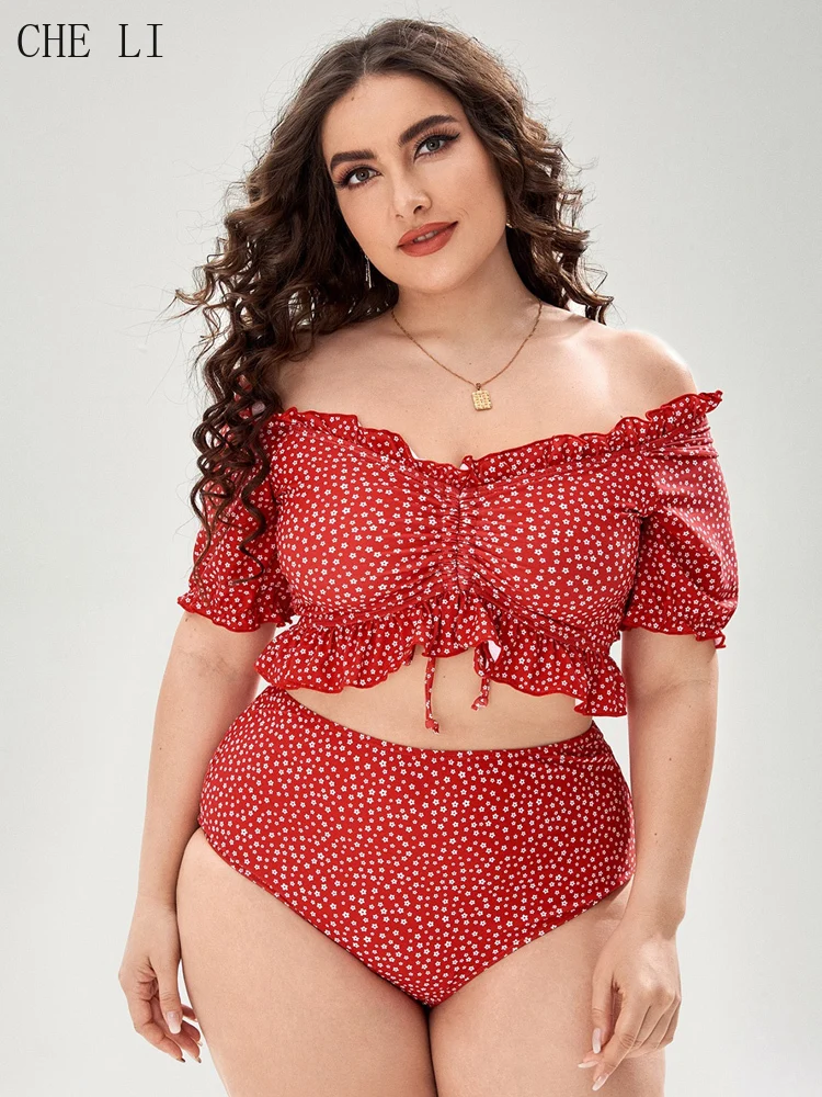 2022 Women's Plus Size Bikini Two Piece Swimwear Fashion Polka Dot Print One Word Shoulder Large Size High Waist Swimsuit Bikini