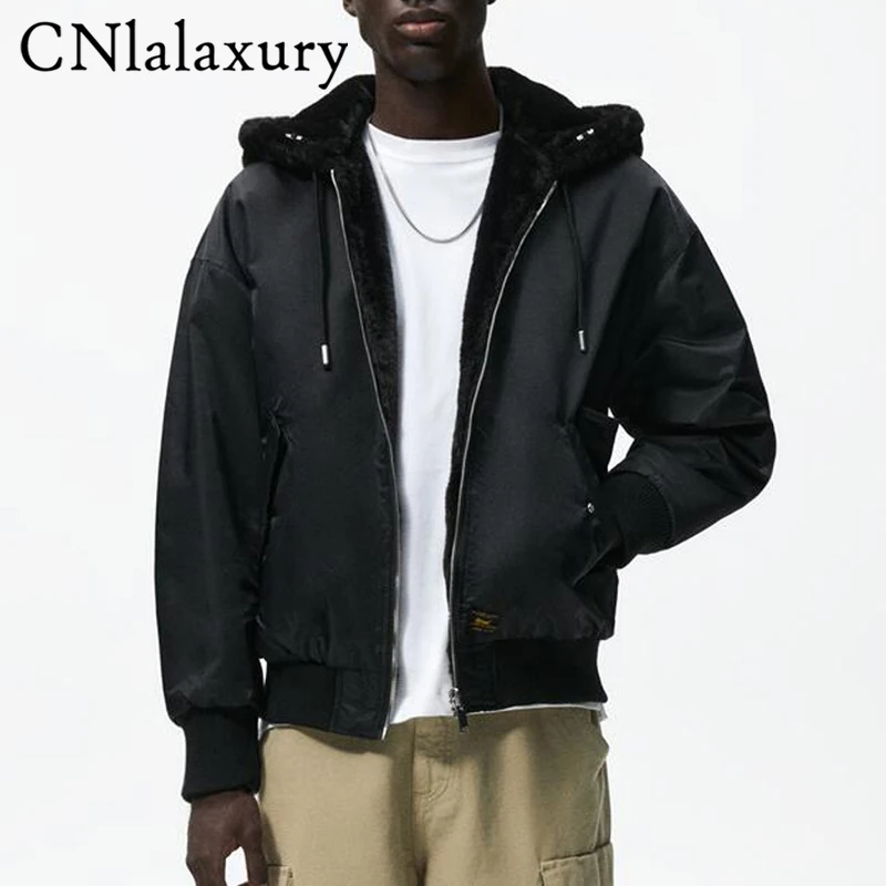 

CNlalaxury Winter Casual Men Aviator Hooded Jacket Black Splicing Faux Fur Fleece Jackets Zip Pocket Outerwear Male Long Sleeve