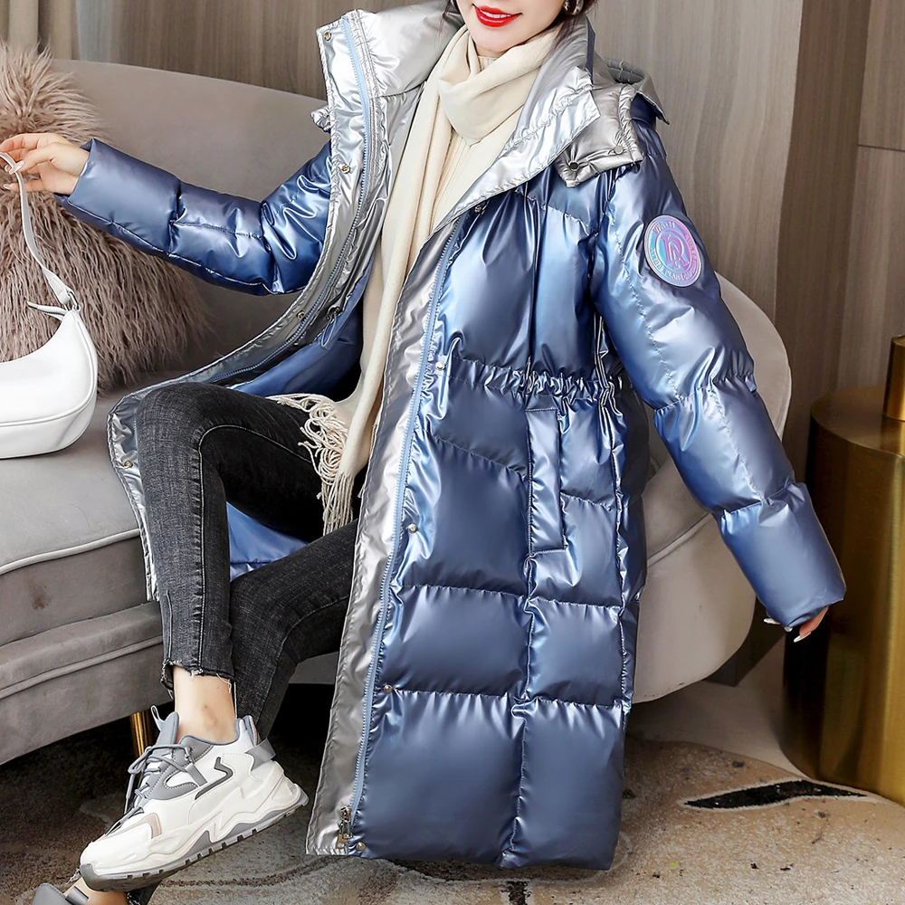 

Korean Jacket Winter Coat for Women Long Glossy Parkas Solid Hooded Thicken Warm Female Snow Wear Coat Padded Loose Clothes