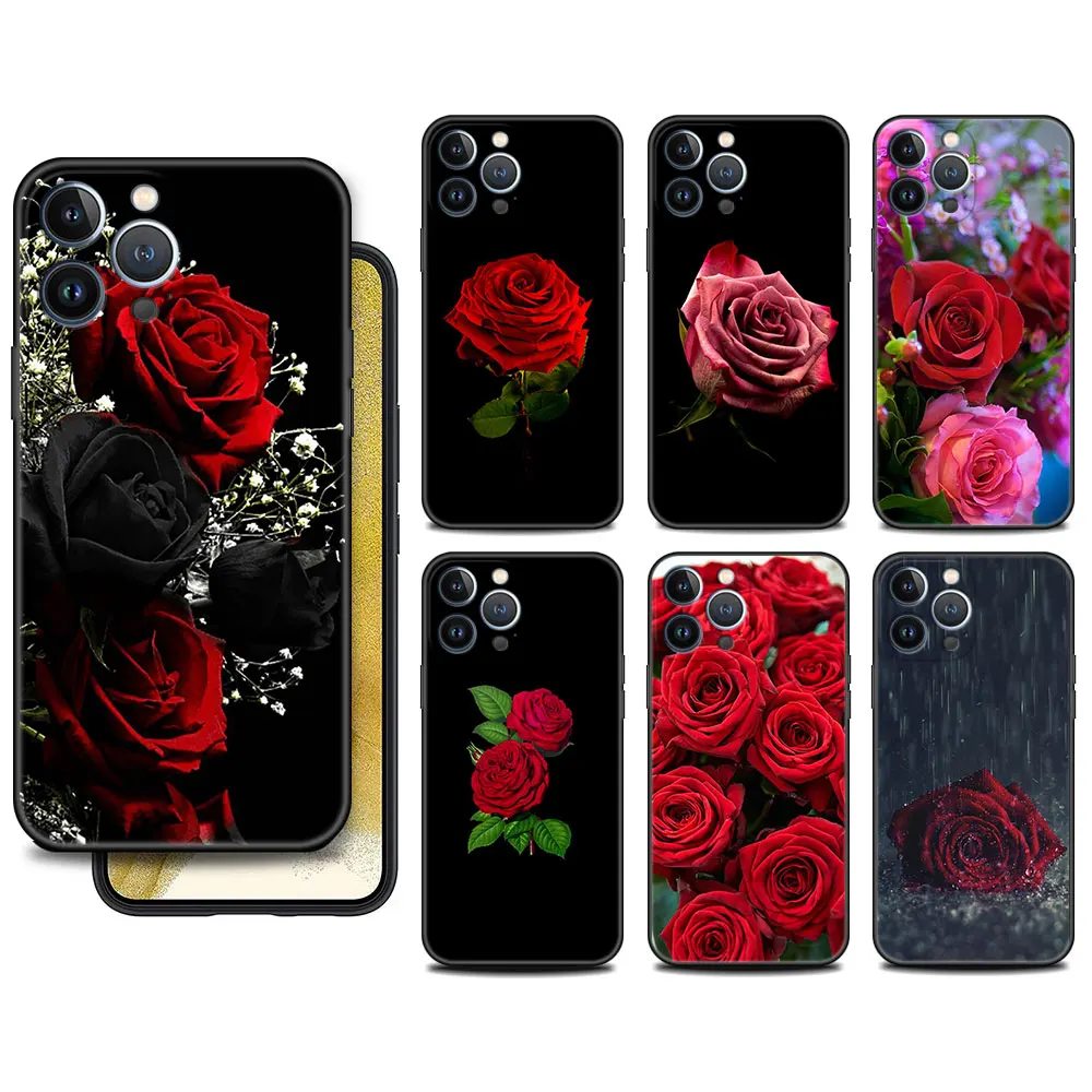 

Case For Apple iPhone 11 13 14 12 Pro 7 Plus XR X XS Max 6 6S 13Pro Max Black Silicone Phone Funda Bright Red Rose Flowers