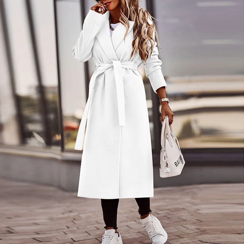 

Women Solid Lace-up Belted Simple Wool Coat Autumn Winter Fashion Turn-down Collar Long Cardigan Ladies Long Sleeve Tops Outwear
