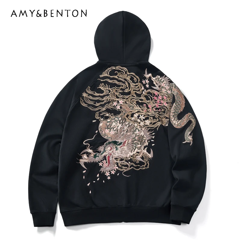 Тяжелая промышленность вышивка дракона мужской кардиган с капюшоном Свитшот