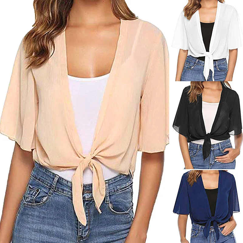 

Women Elegant Half Sleeve Solid Color Wraps Shawls Chiffon Cardigan Cover Ups Crop Tops Light Sunscreen Casual Summer Wrap Coat