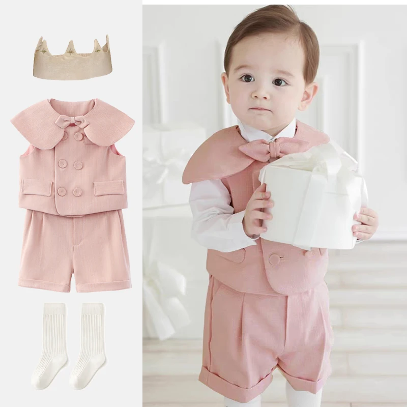 Модная хлопковая одежда для крещения детей розово-красный костюм на день