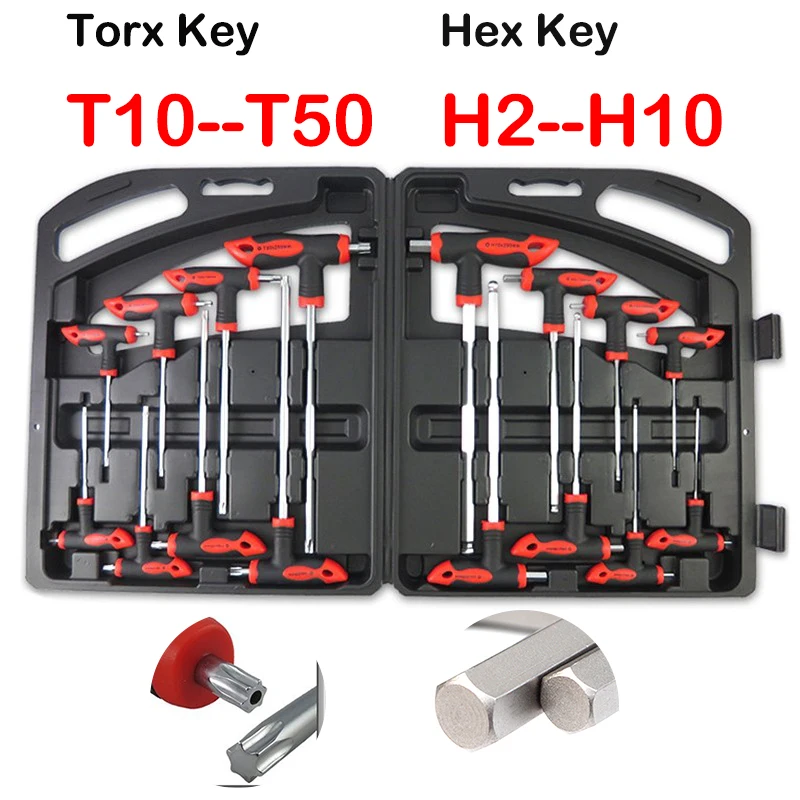 

16 Pcs T-Handle Torx Key T10-T50 Hex Key H2-H10 Ball End Wrench Set Star Spanner Set Repair Hand Tool Set Chrome Vanadium Tools