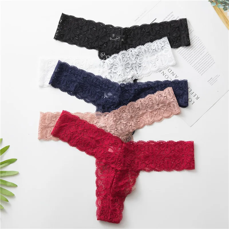

Sexy Thong with Hollowed Out Japanese Lace Cotton Crotch Fun Low Waisted European and American Women's Underwear WOMEN Panties