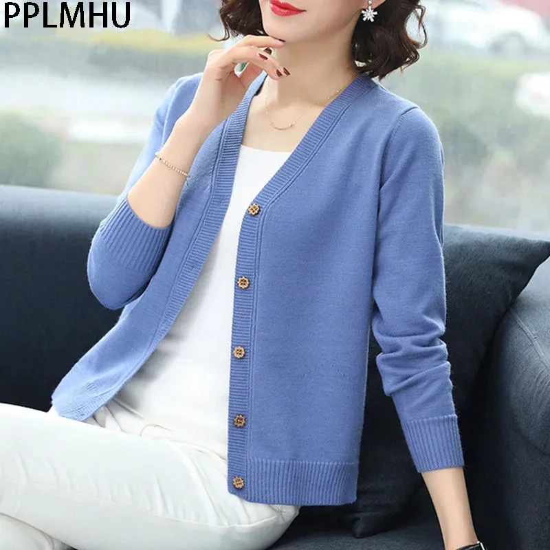 

Women's korean Single Breasted Long Sleeved Knitted Cardigan Autumn Fashion V-neck Shawl Womens Sweaters Leisure Cardigan Women