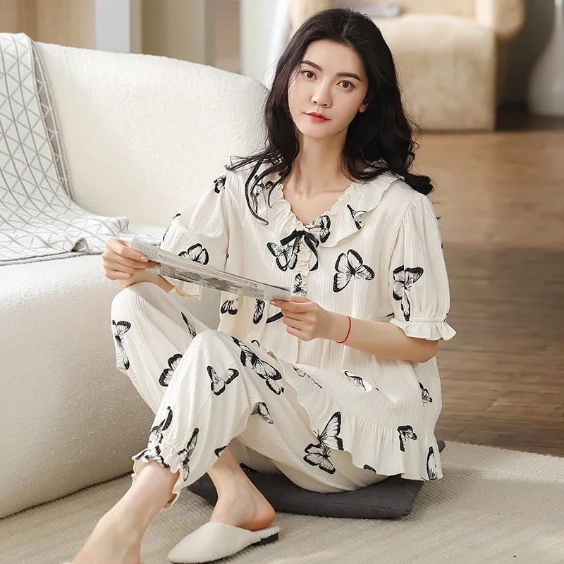 New Style Pajamas Women's Summer Short Sleeved Trousers Pure Cotton Court  Lovely Princess Loose Home Suit