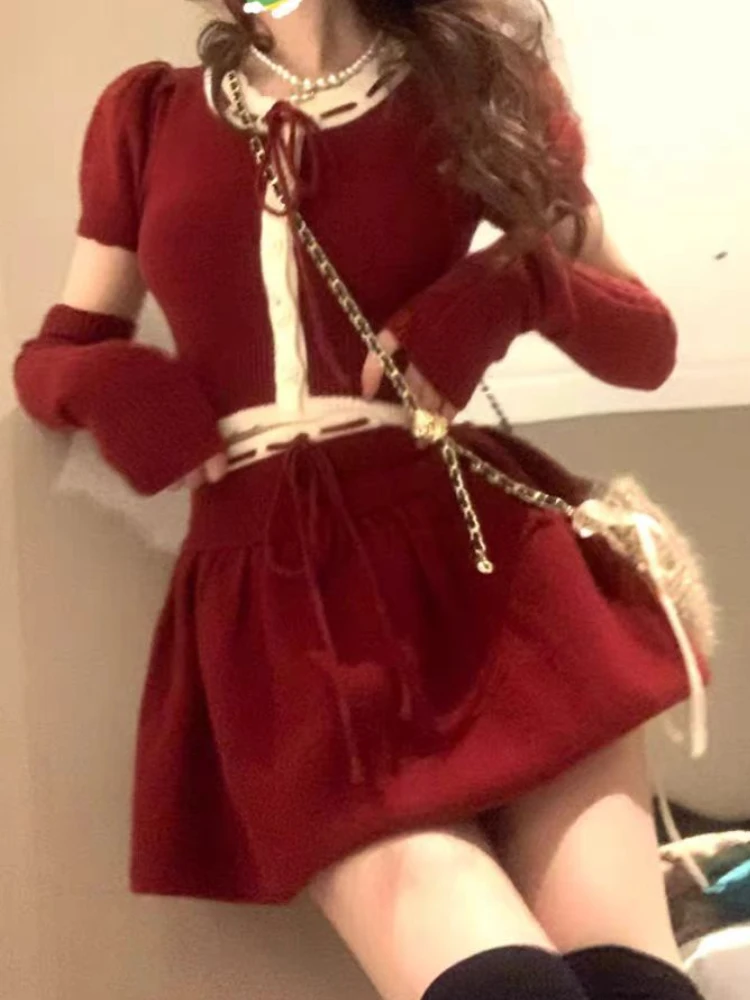 Красный рождественский корейский комплект из 2 предметов женский японский милый