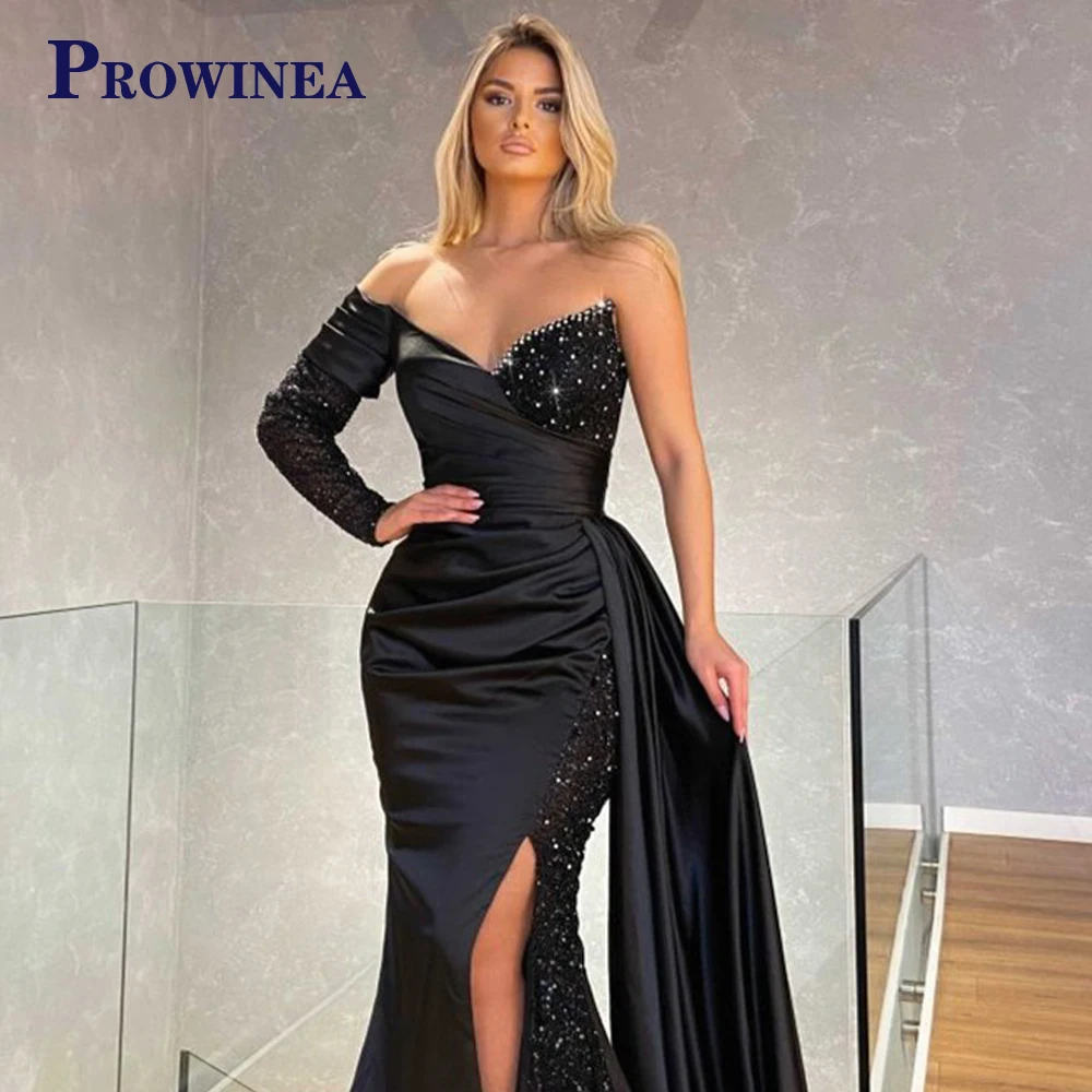 

PROWINEA Elegant Black Stain Long Evening Dress For Women One Shoulder Beading Party Prom Dress Made To Order Robes De Soirée