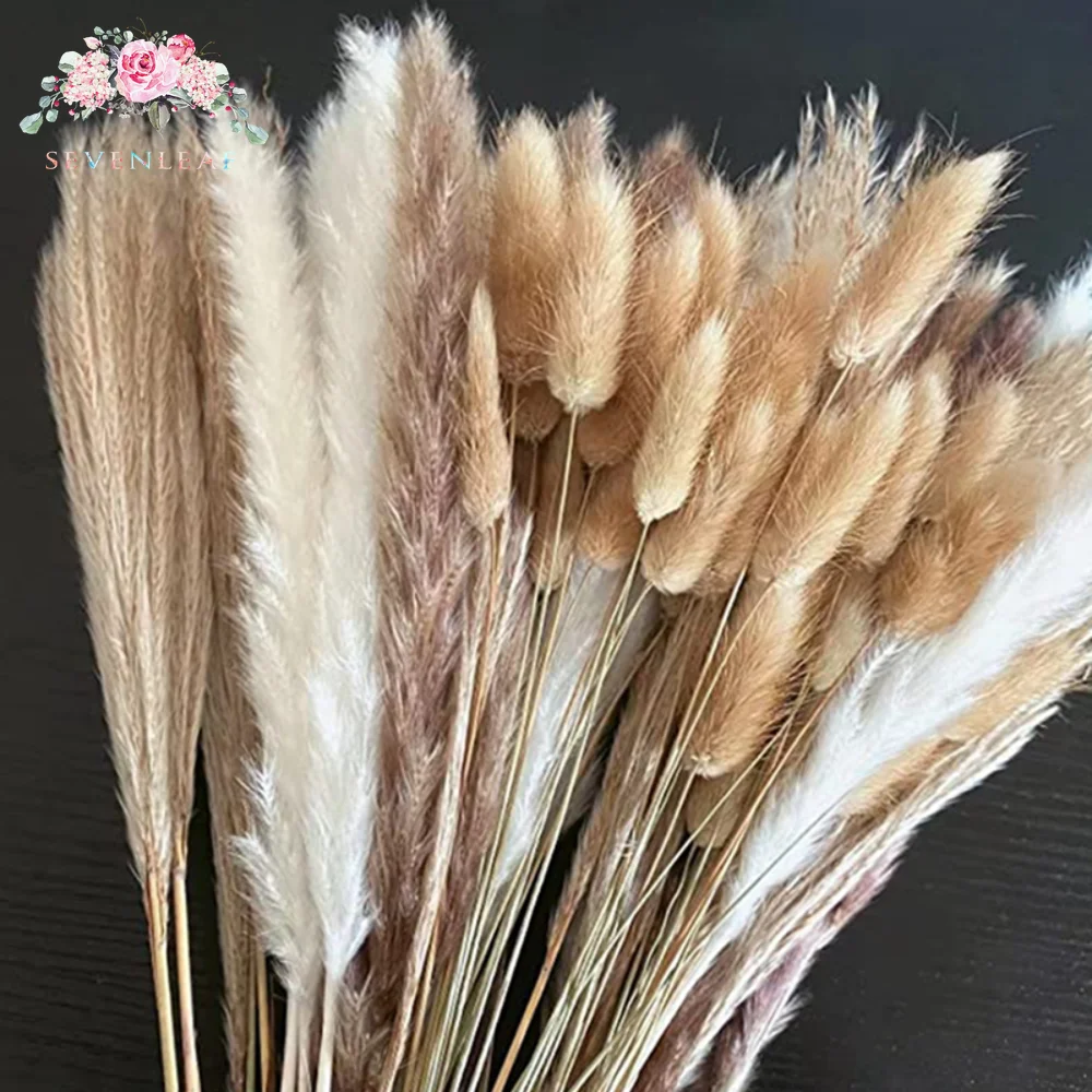 

120pcs Fluffy Dried Flowers Pampas Grass Bouquet Natural Bunny Tails Wheat Spikes Boho Wedding Decoration Home Decor Eucalyptus