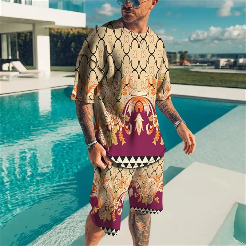 Men's Summer Oversized Short Sleeved T-shirt 2-Piece Casual Tracksuits Set Hawaiian Shorts Sports Suit Holiday Jogging Clothes