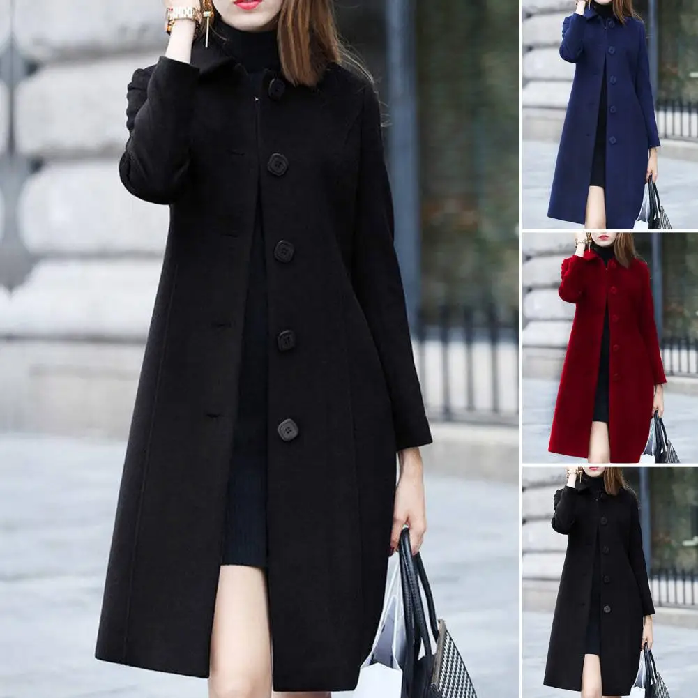 

Women Coat Mid-Length Single-Breasted Solid Color Turn-down Collar Elegant Soft Cardigan Plus Size Warm Lapel Winter Jacket for