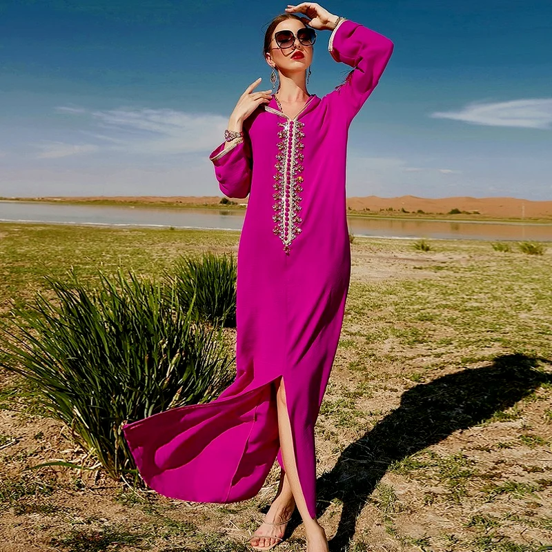 Dress Bean Green Hooded Bead Elegant Long Dress 2022 New Fashion Ramadan Dresses Muslim Abaya Satin Kaftan Dubai Eid Mubarak