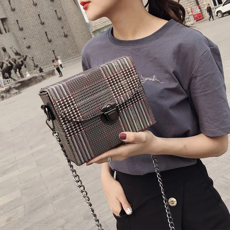 

Small Handbags For Women Plaid Design Women Purse Square Handbag Metal Chain Leather Crossbody Bag Hasp Flap Ladies Box Bag Sac