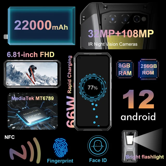 Unihertz TANK Larger Battery Rugged Smartphone 22000mAh Night Vision 108MP G99 8GB 256GB Android 12 Unlocked Mobile Phone 2