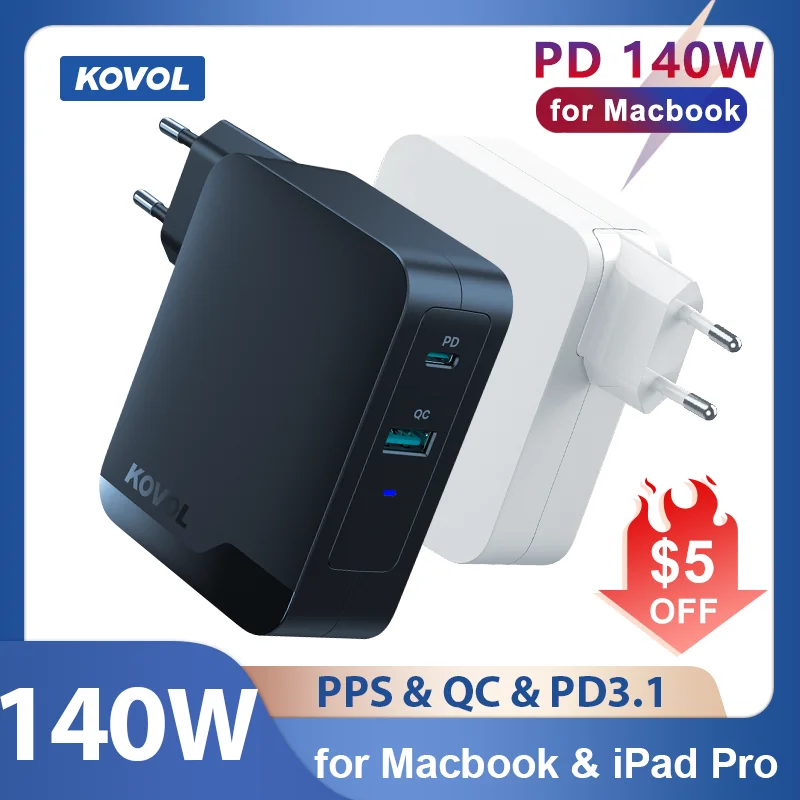 

KOVOL 140W Fast Charging PPS USB Charger 120W Type C PD 3.1 3.0 QC Charge GaN 3 65W Quick Charger for MacBook Pro iPhone Samsung