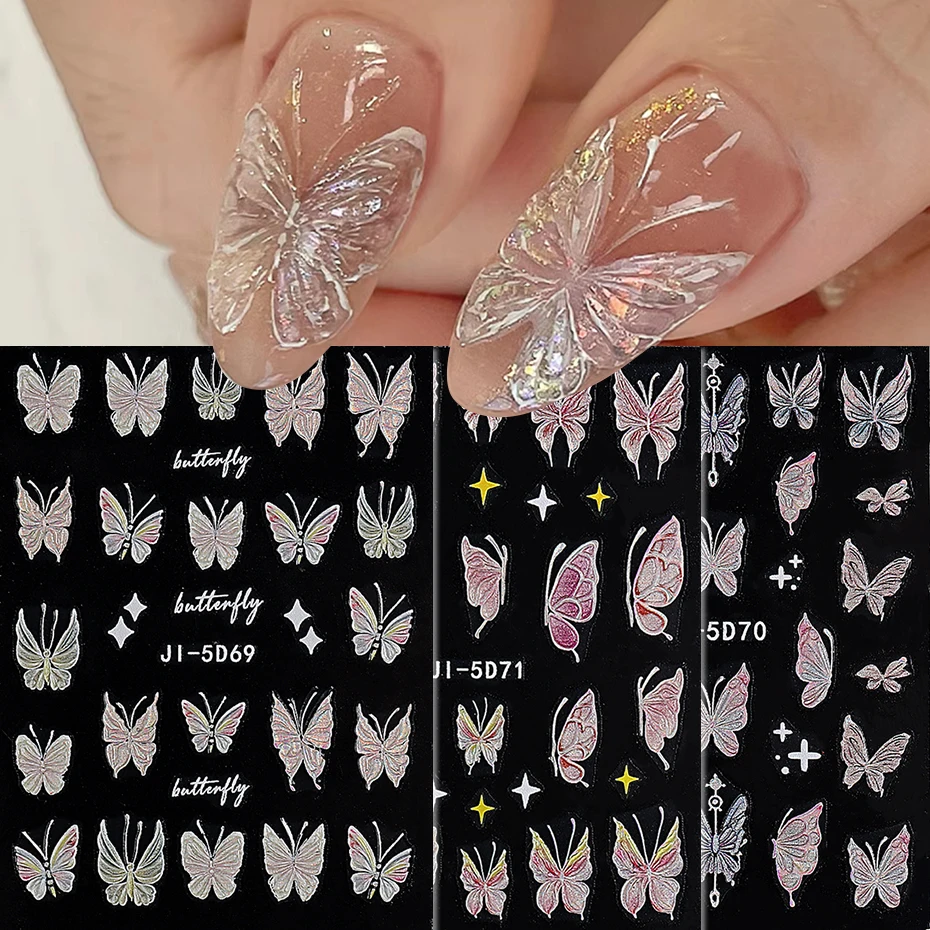 Рельефные 5D наклейки с бабочками для дизайна ногтей акварельные лазерные красочные рельефные бабочки для ногтей Очаровательная аппликация для маникюра
