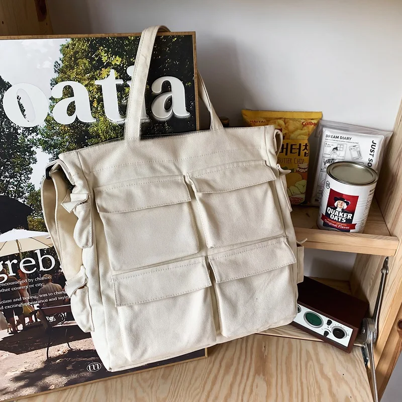 CGCBAG Multiple Pockets Lage Capacity Tote Bags For Women Canvas Shoulder Bag Casual Student Commuting Simple Ladies Handbags