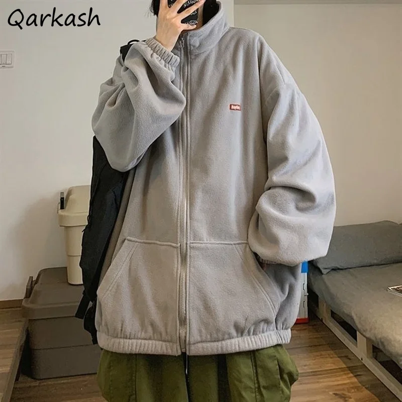 

Women Jackets Solid Front Pocket Fleece Appliques Loose Simple All-match Winter Casual Korean Style Females Zipper Tops Hot Sale