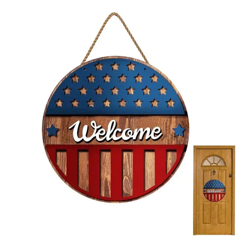 

12inch July 4th Front Door Decor 4th Of July Independence Day Wooden Welcome Signs Wall Door Hanging Decoration Patriotic