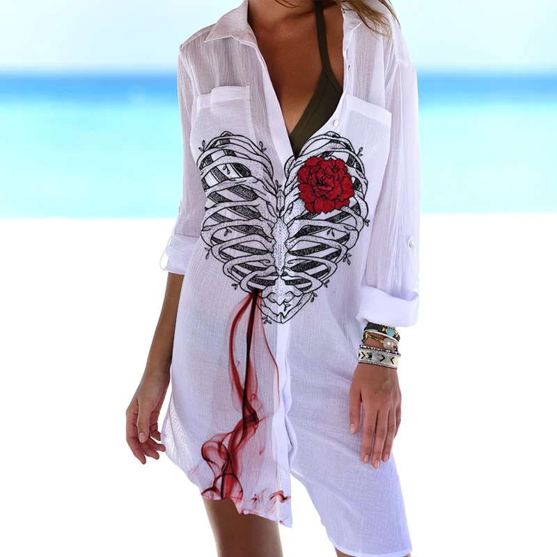 

Women Swimsuit Cover Ups Blouse Ladies Bathing Suit Mini Dress Bikini Beach Tunic Tops Long Sleeved Fashion Sunscreen Shirt