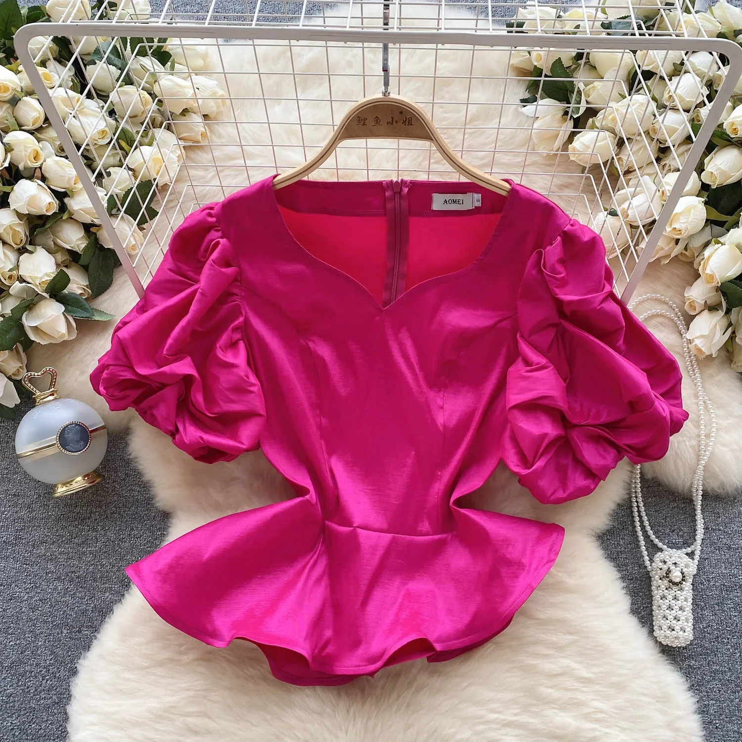 

Women Chic Ruffle Asymmetric Puff Short Sleeve Top Slim Sexy Korean T-shirt Fashion O-neck Summer Women Crop Top