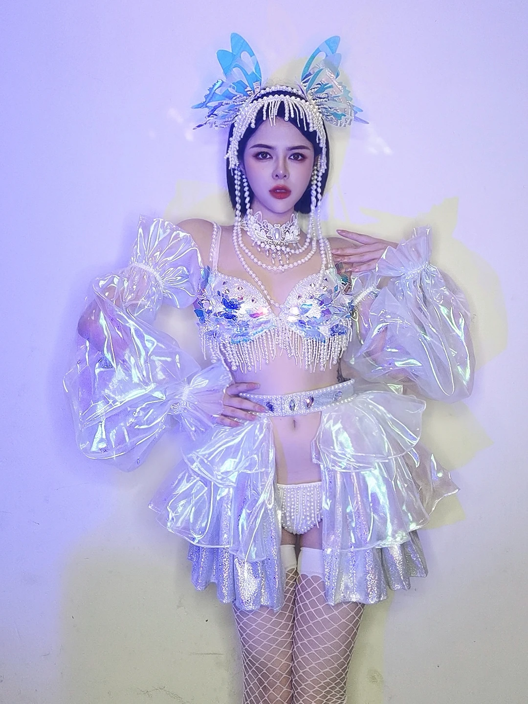 Сексуальный бикини с жемчужной кисточкой лазерный наряд костюм для танца на