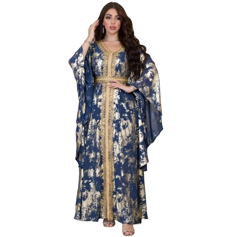 Spring Autumn Muslim Fashion V-neck Long Sleeve Polyester Red Blue White Long Abaya Muslim Elegant Abaya with Belt Abaya Dress