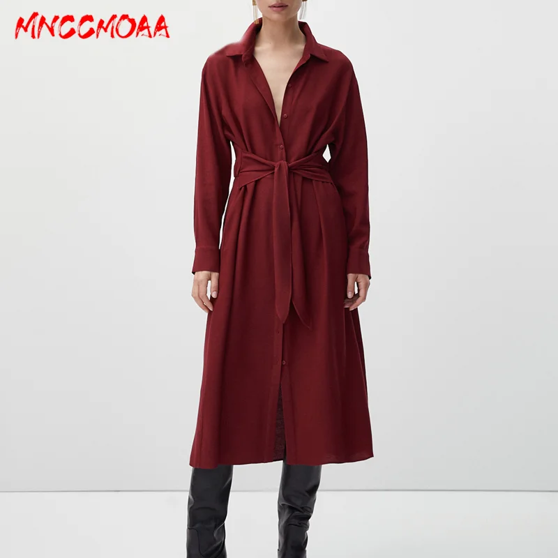 

2022 Spring Autumn Women Fashion Long Sleeve Belt Shirt Dress Female Solid Color Simple Casual Temperament Elegant Dresses