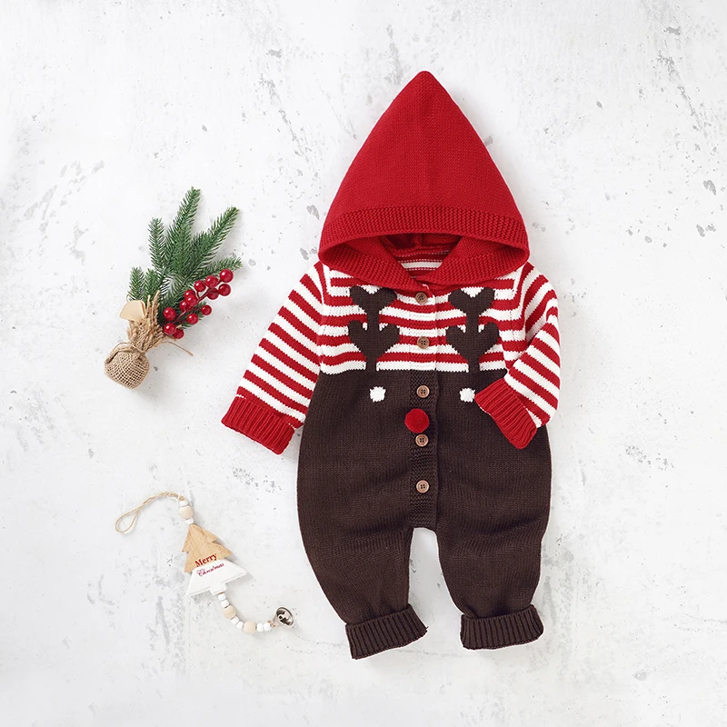 

Baby Rompers Jumpsuits Winter Hooded Long Sleeve Knitted Newborn Boys Girls Red Christmas Playsuit Outfit 0-18m Children Overall