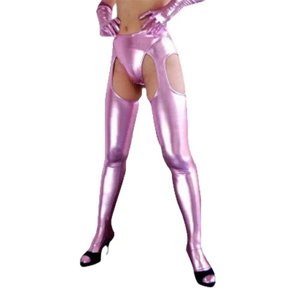 Сексуальное Женское боди Zentai блестящие Длинные чулки с металлическим эффектом и
