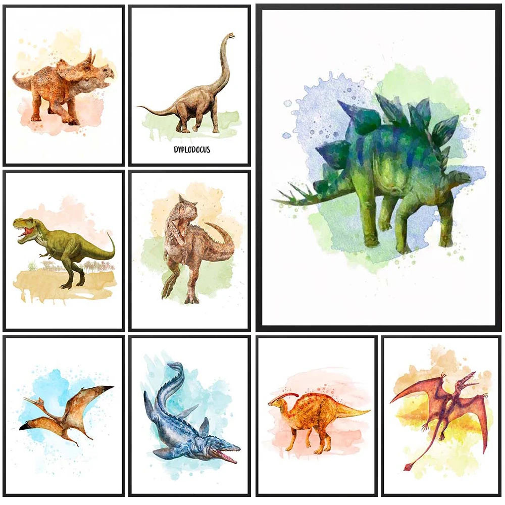 

Плакаты с динозаврами акварелью для детской комнаты Юрского периода, Мультяшные настенные картины на холсте, домашний декор, настенные кар...