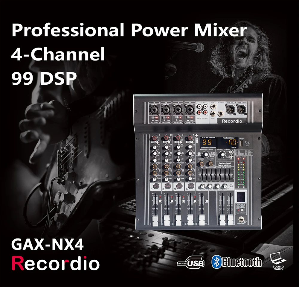Фото GAX-NX4 Профессиональный 4-канальный микшерный усилитель мощности 400 Вт * 2 USB аудиомикшер 99DSP 2Aux выходной микшер для выступлений на сцене №5