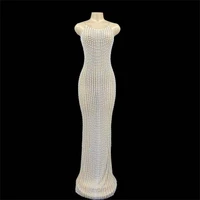 sparkle crystal rhinestones pearl floor length dress see through mesh gem evening party birthday sleeveless outfits for women
