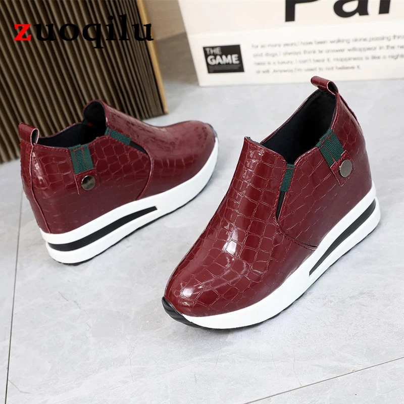 Wegde heel shoes for women height increasing sneakers slip on loafers women PU Leather casual shoes women Platform sneakers