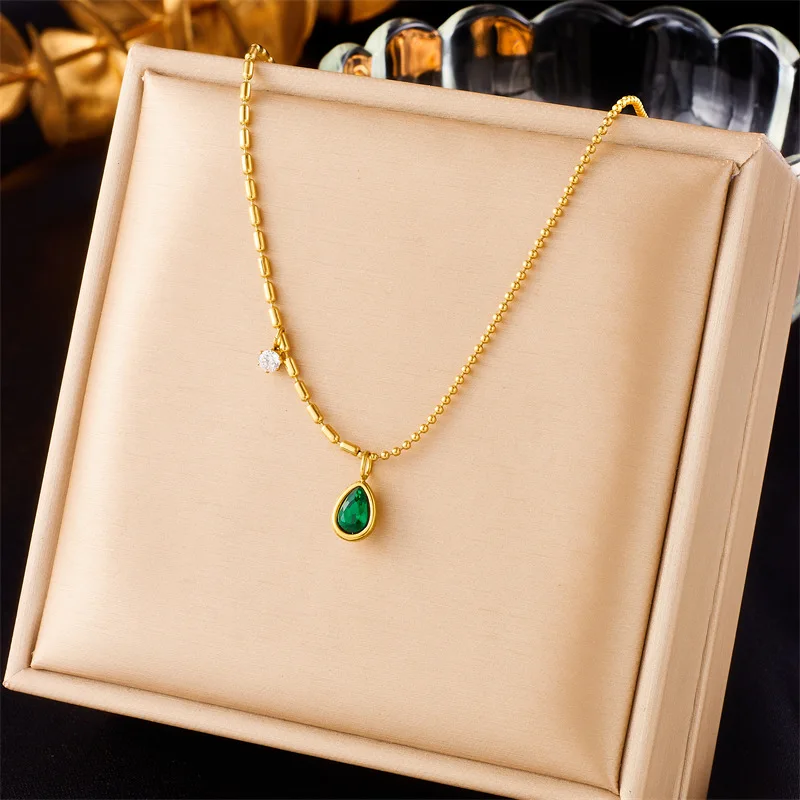 

2023 New 316 Stainless Steel Water Drop Greenstone Pendant Necklace for Women Stitching Street Commuting Party Clavicle Chain