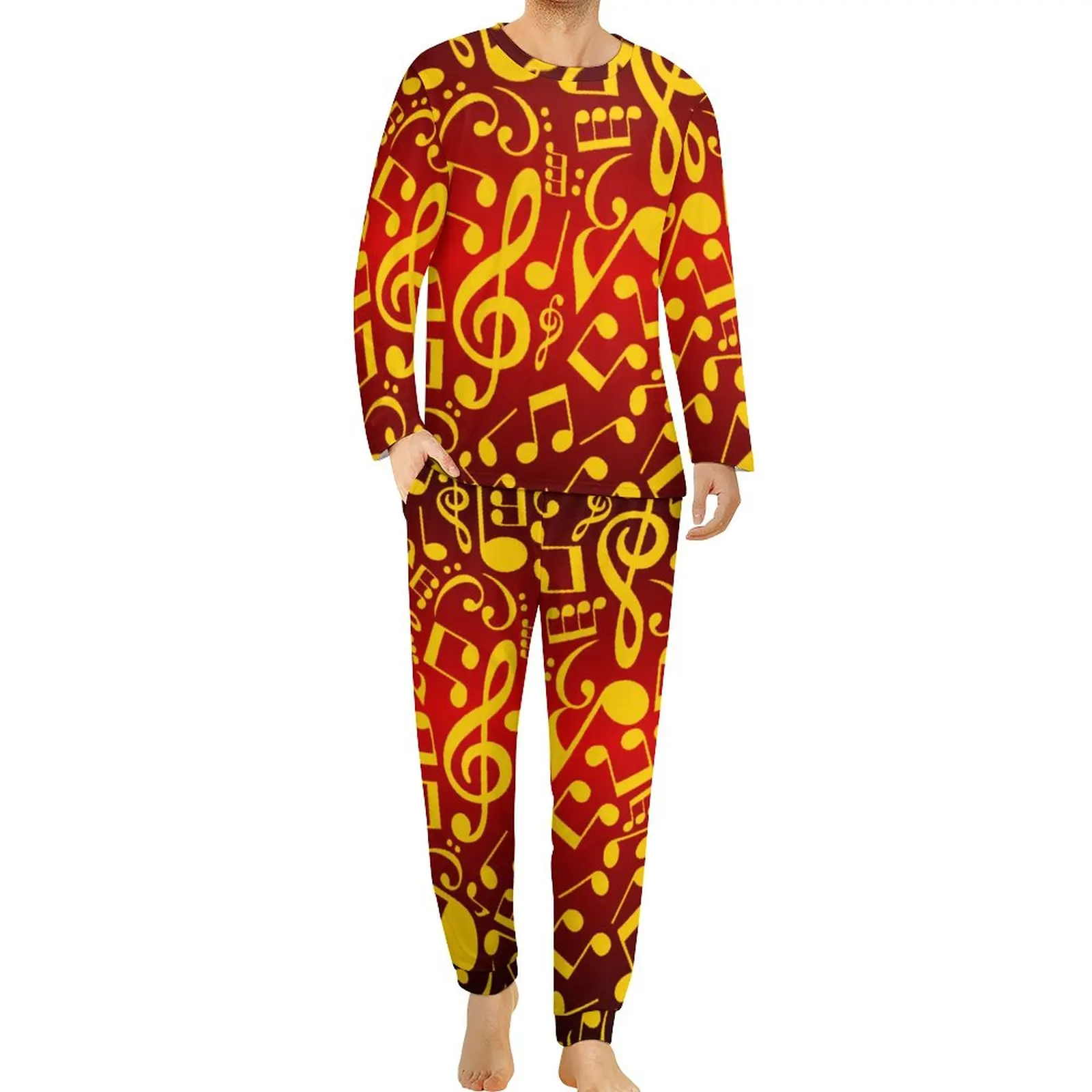 Music Notes Pajamas Men Red and Gold Cute Home Suit Spring Long Sleeve 2 Pieces Home Design Pajamas Set Big Size 4XL 5XL