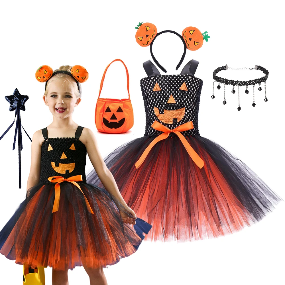 

Girls Fancy Pumpkin Witch Halloween Dress Kids Cosplay Witch Costume Festival Party Ball Gown Children Princess Tulle Tutu Dress