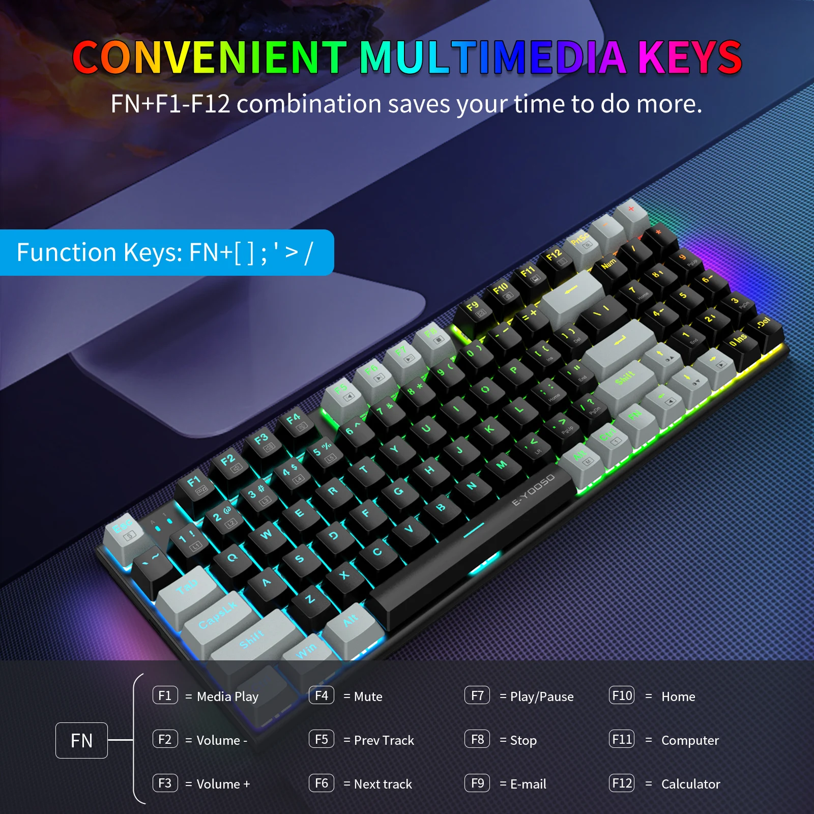Фото Механическая игровая клавиатура E-YOOSO Z-19, настоящая RGB-подсветка, 5-контактная с возможностью горячей замены, 94 клавиш для ПК/компьютера №4