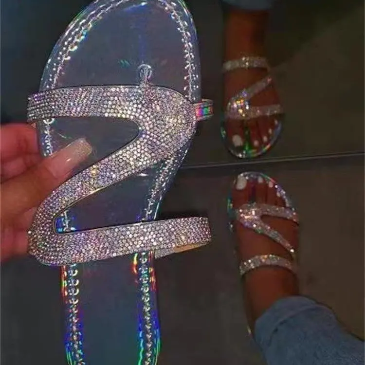 

Summer Luxury Women Slippers Rhinestone Flat Double Buckle Decoration Open Toe Lightcolor Fashion Sexy Ladies Shoes Female 2022