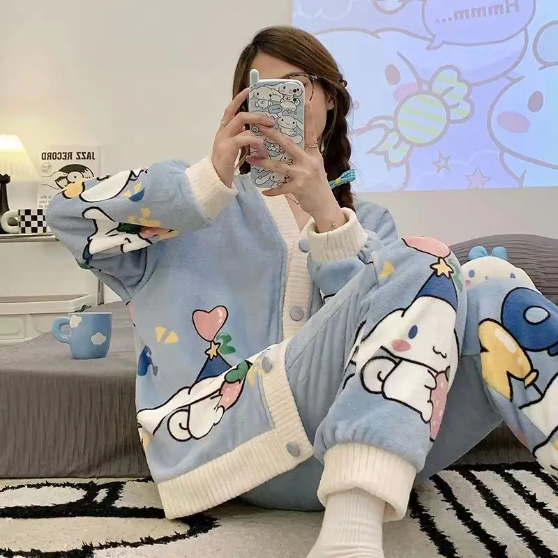 Winter Warm Women Cardigan Cartoon Coral Velvet  Loose Pajamas Suit Long Sleeve Flannel Sleepwear Set Cute Home Wear Clothes
