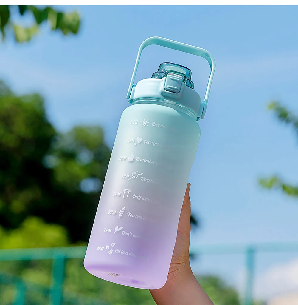 

2L Portable Large-Capacity Water Bottle Time Marker Leak-Proof BPA Frosted Cup With Straw For Outdoor Sports Drinking Bottle