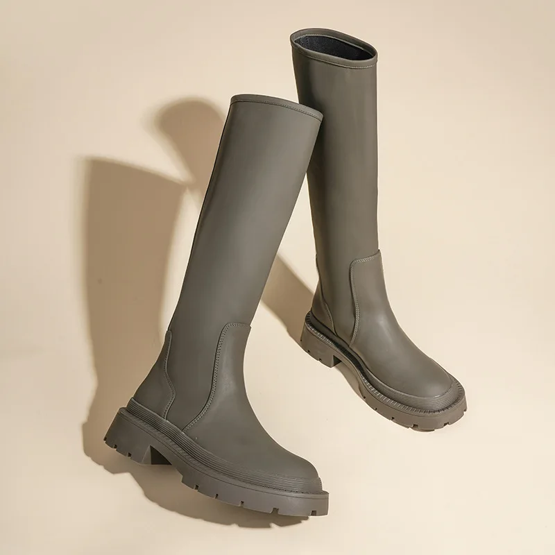 

Modern Solid Woman Boots Genuine Leather Knight Boots Square Heels Shoes Women Fashion Casual Boots Slip On Ladies Shoes 2022