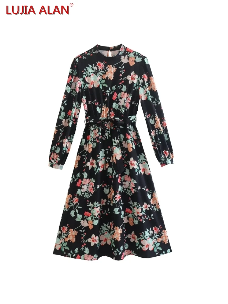 

New Women's Floral Printing Stand Collar Belt Elastic Waist Long Sleeve Casual Loose Midi Dress LUJIA ALAN WD903