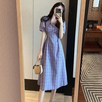 summer square collar plaid office dresses for lady a line short sleeve mid dress pleated regular empire pullover casual dress