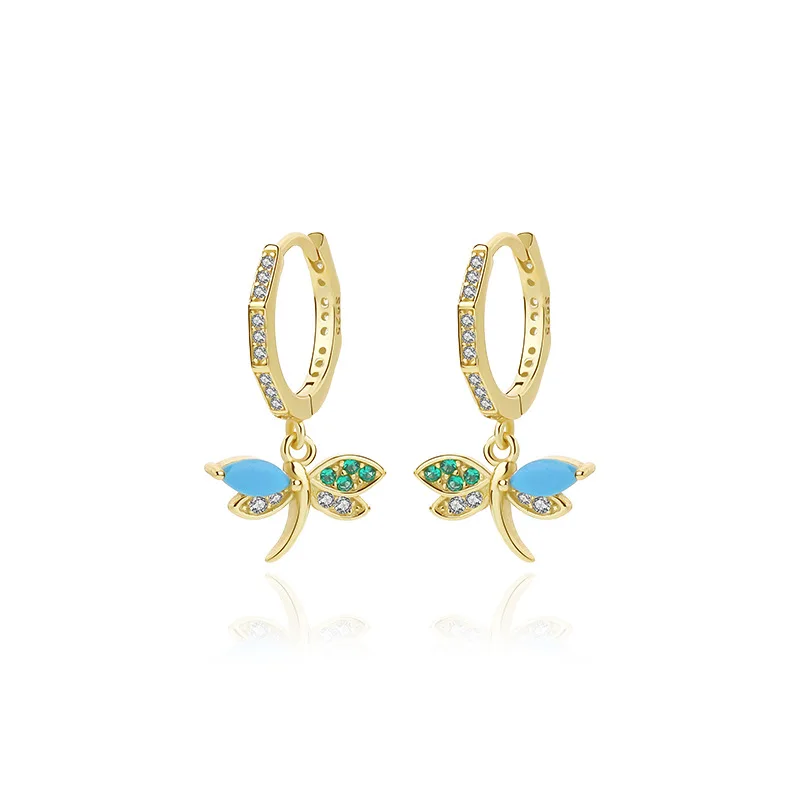 

New Women's 925 Pure Silver Ear Studs Champagne Gold Dragonfly Inlaid Turquoise Zircon Earclip Fashion Jewelry Couple Gift